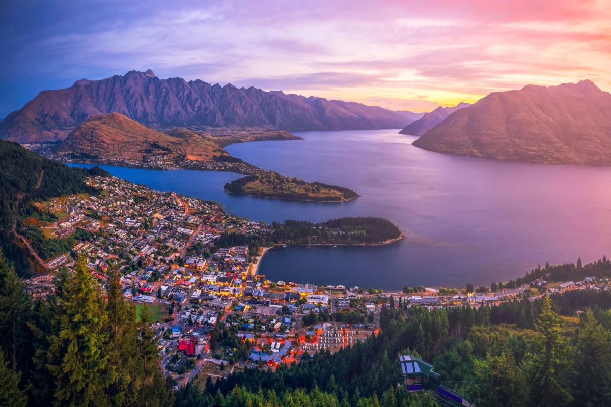 Aerial view of Queenstown downtown at twilight sunset South Island New Zealand