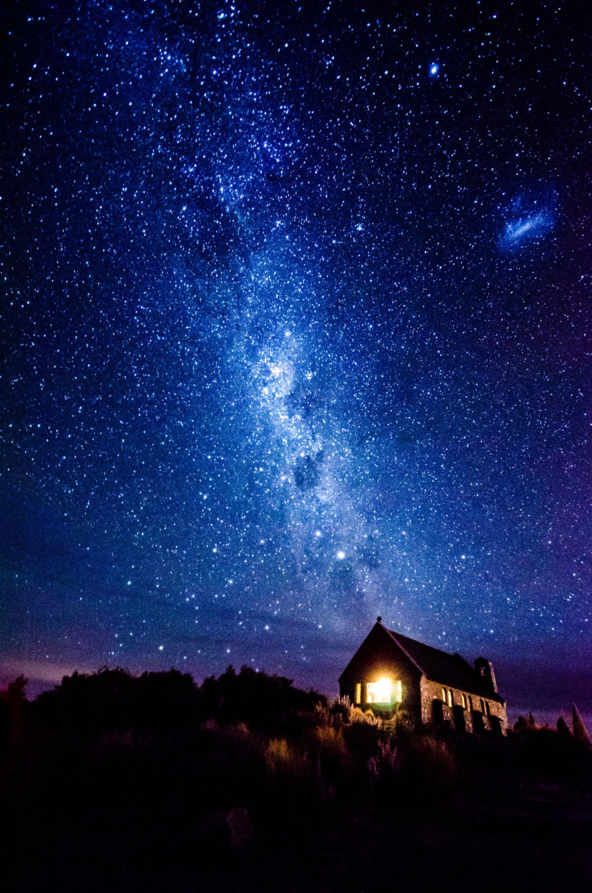 Night sky over Good Shepherds Chapel Lake Tekapo New Zealand 